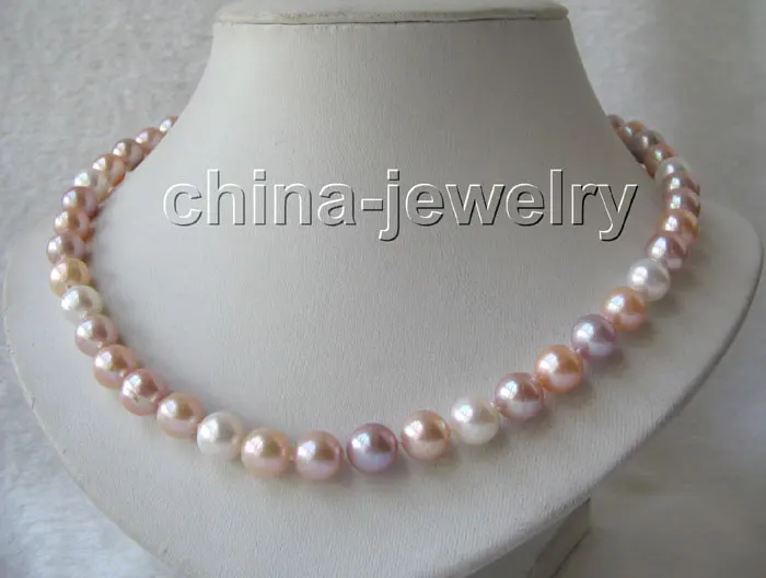 

shipping AAAA 17"9-10mm natural multicolor round freshwater pearl necklace-14k gold clasp
