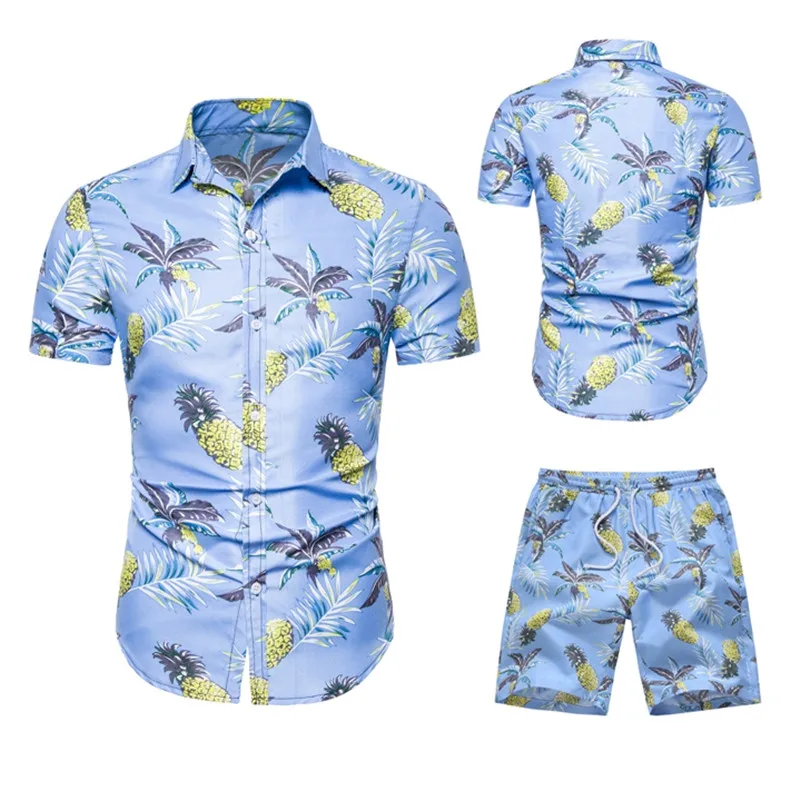 HuLooXuJi Для мужчин летние комплекты модные Цветочный принт рубашки + шорты комплект из двух предметов короткий рукав рубашки костюмы нам