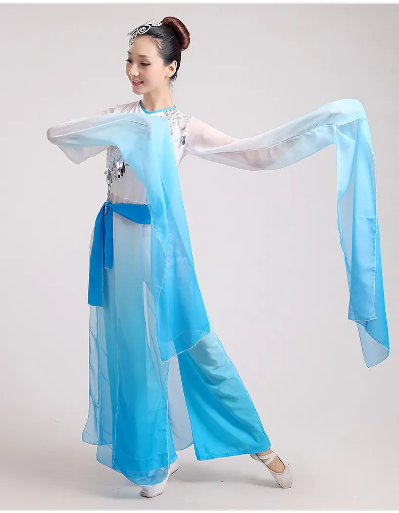 Classical new fashion long sleeves blue fairy clothing stage performance Chinese folk ink water sleeves dance costumes