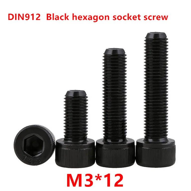 500pcs DIN912 M3*12 Black grade 12.9 Alloy Steel Thread 3mm Hexagon Socket Hex Head Cap Screw Screws Cylinder Allen Bolts | Обустройство
