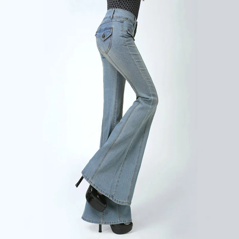 

2017 Spring Middle Waist Washed Jeans For Women Light Blue Color Slim Demin Long Trousers Large Size Flare Pants