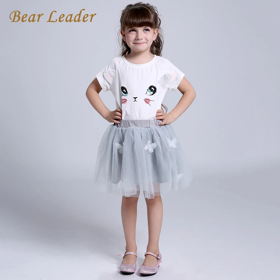 Bear leader/платье для девочек; Новинка года; сезон весна; Повседневный стиль; Платье с принтом котенка и бантом для девочек; Одежда для девочек; платья принцессы