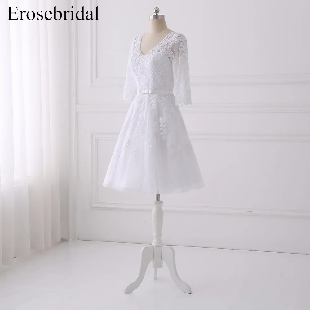 Короткое свадебное платье до колена es Erosebridal, ТРАПЕЦИЕВИДНОЕ пляжное свадебное платье с пуговицами на спине, элегантное платье с длинным рукавом, Vestido De Noiva