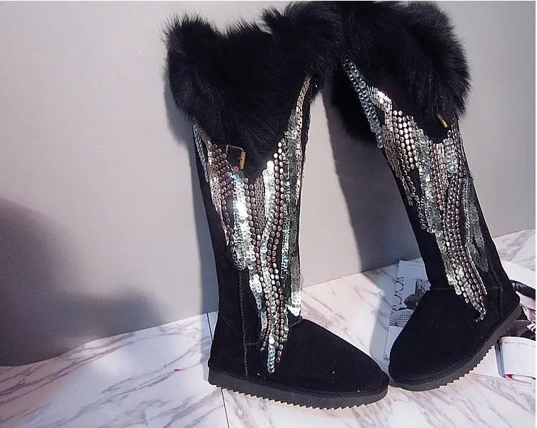 

Ins net red with the fall and winter new heavy work diamonds sequins rivets over the knee leather shoes snow boots long boots