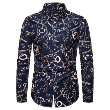 

Autumn Winter Men's Blouse Shirts Casual Slim Fit Long Sleeve Hawaii Printed Turn-down Collar Vintage Men Dress Shirts Tops