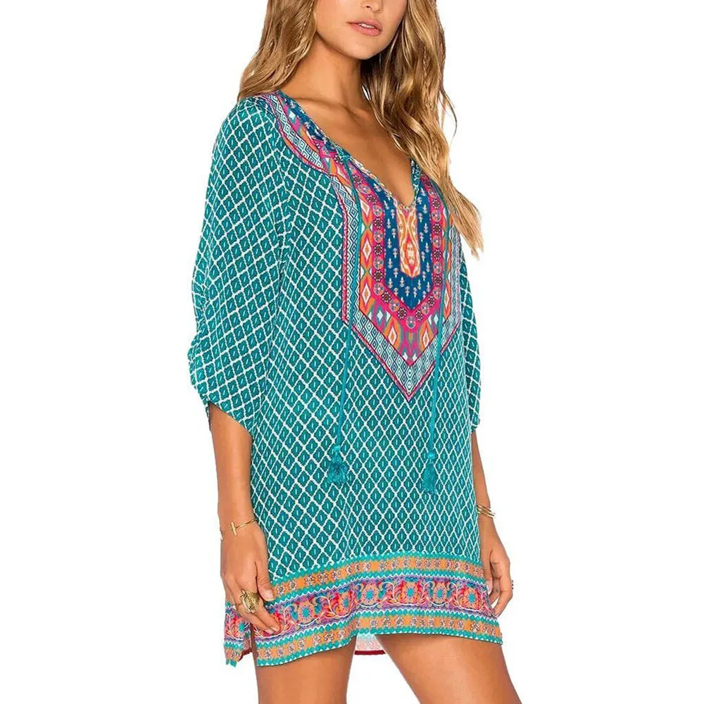 

Summer Vintage Hippie Dresses For Women Fashion Floral Printed Boho Dress Ladies V-Neck Casual Loose Party Dresses Vestidos #Ju