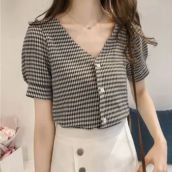 

2018 Blouse Shirt Women's Korean Style V Neck Fashion Clothing Short Sleeve Women Tops And Blouses Female Clothes Stylish Ladies