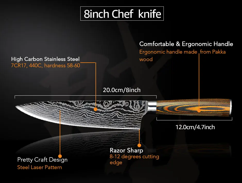 Нож шеф-повара имитация дамасской стали 7CR17 440C кухонный нож острый фруктовый универсальный нож для нарезания Подарочный нож высокого качества