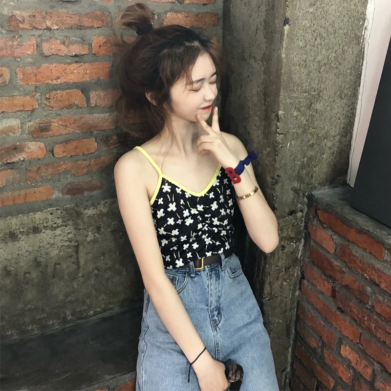 Женские топики Camis лето укороченный топ женская уличная с рюшами Флора Сладкий Винтаж v-образным вырезом Спагетти ремень на плечо