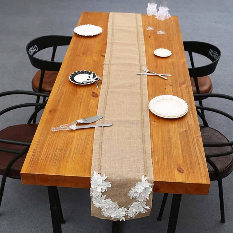 

Vintage Burlap Lace Jute Table Runner original ecology style White Natural Jute Country Party Wedding and party Table cloth
