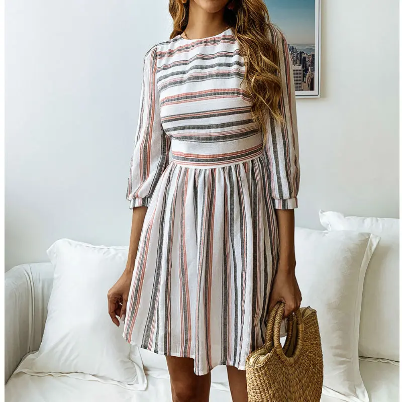 Vestidos женское летнее пляжное платье А силуэта в полоску с коротким рукавом
