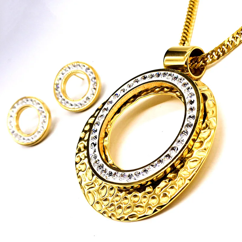 AMUMIU Trendy Jewelry Rhinestone Oval Hollow Round Pendant Gold Color Necklace Earring For Women Wedding Party JS087