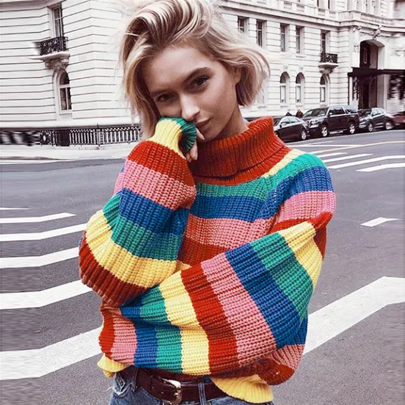 HOT sell sweaters fashion 2018 women Multicolor Stripe Long Sleeve Turtleneck Knitted Sweater Blouse Pullover invierno A28#N (4)