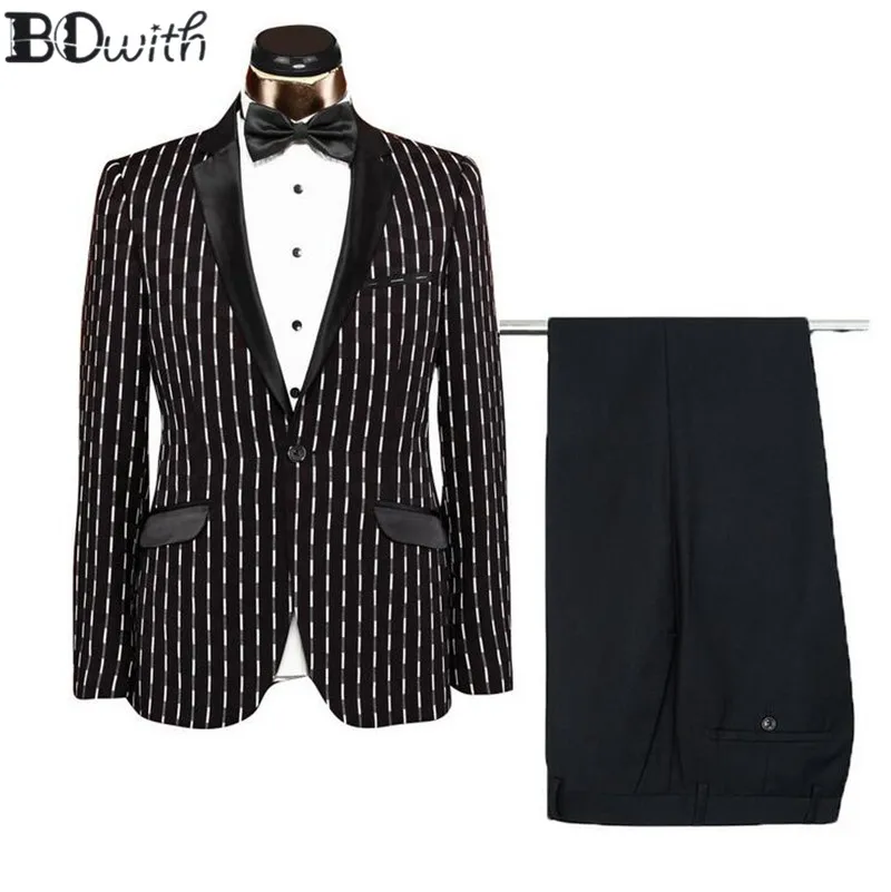 

High QualityVertical Stripes Wedding Men Suit Notch Collar Slim Fit 2 Pieces Jacket+Pants For Wedding Groom Tuxedos Formal Suit