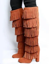 Real Photo Brown Suede Fringe Over The Knee Thigh High Boot Round Toe Square Heels Tassel Women Winter Boots Chunky Heel Shoes jeans denim gladiator fringe blue over the knee high thigh high autumn boots sexy open toe chunky heel women boots