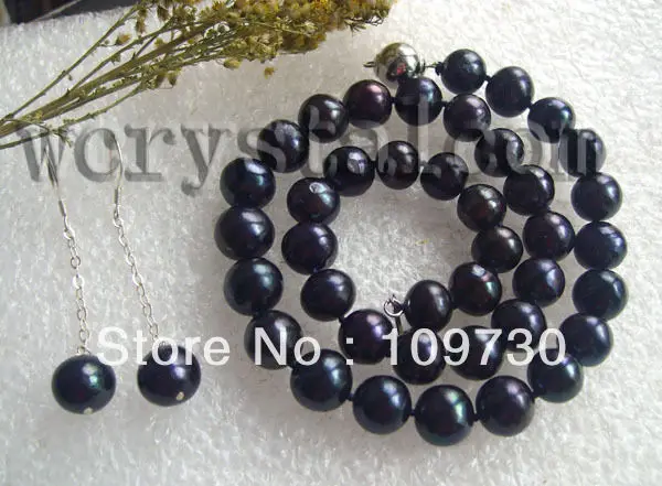 

Jewelry 00427 Perfect Tahitian black Pearl 10mm round necklace earrings set new
