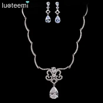 

LUOTEEMI Wholesale Luxury White Gold-Color Bridal Wedding Clear CZ Necklace Earrings Jewelry Set for Dinner Party Accessories