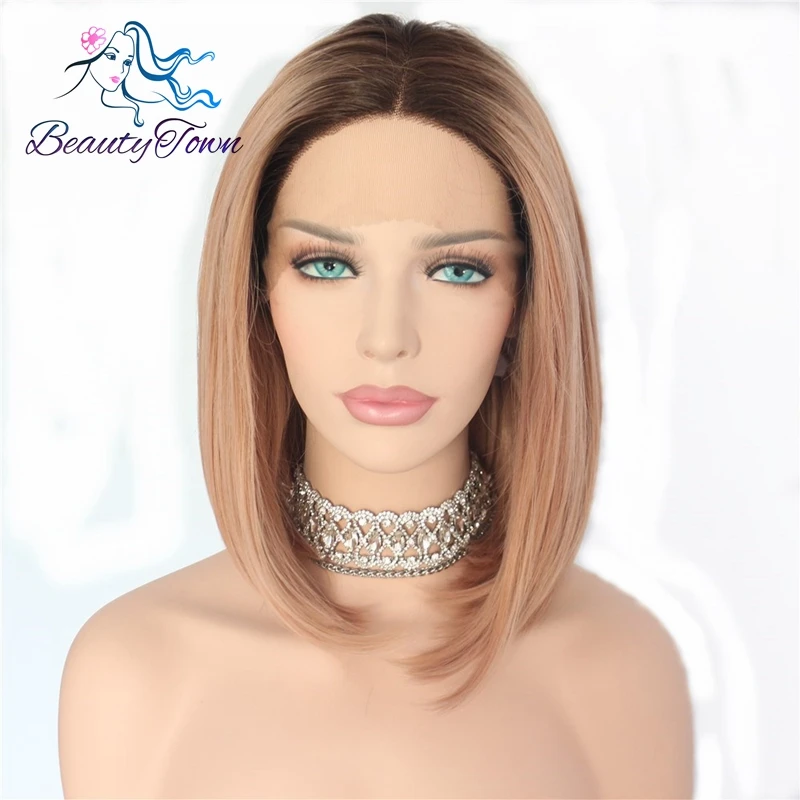 

BeautyTown Hand Tied Glueless Brown Ombre Peach Pink Short Bob Heat Resistant Hair Wedding Party Synthetic Lace Front Wig