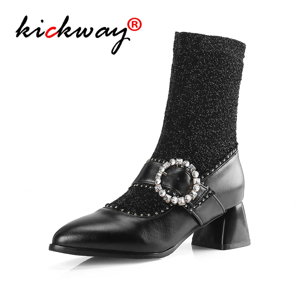 

Women Black Ankle Sock Boots 2019 Fashion Crystal Buckle Stretch Boots Chunky High Heels Pointed Toe Women Shoes Plus Size 10 43