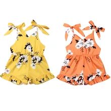 Летний Повседневный хлопковый комбинезон для маленьких девочек комбинезон с бантом и пуговицами, комбинезон с оборками, sunsuit, одежда для детей 1-6 лет