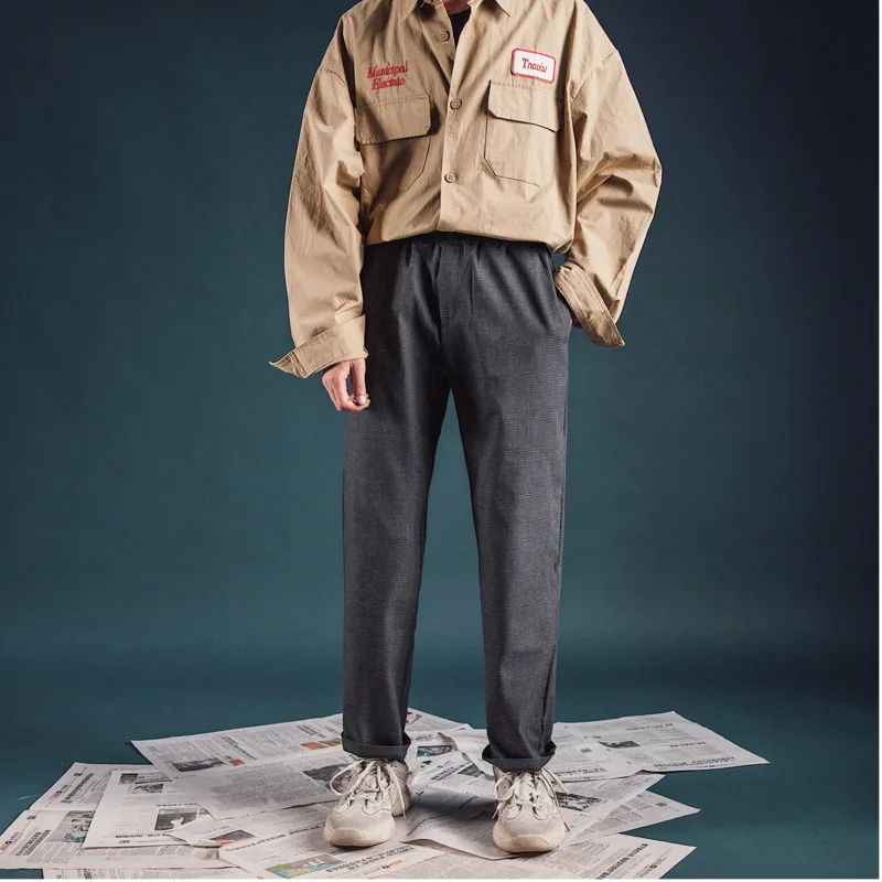 Fashion Casual Men's Straight Pants Spring And Autumn New M-2XL Plaid Loose Trousers Gray Coral Red Personality Youth Popular