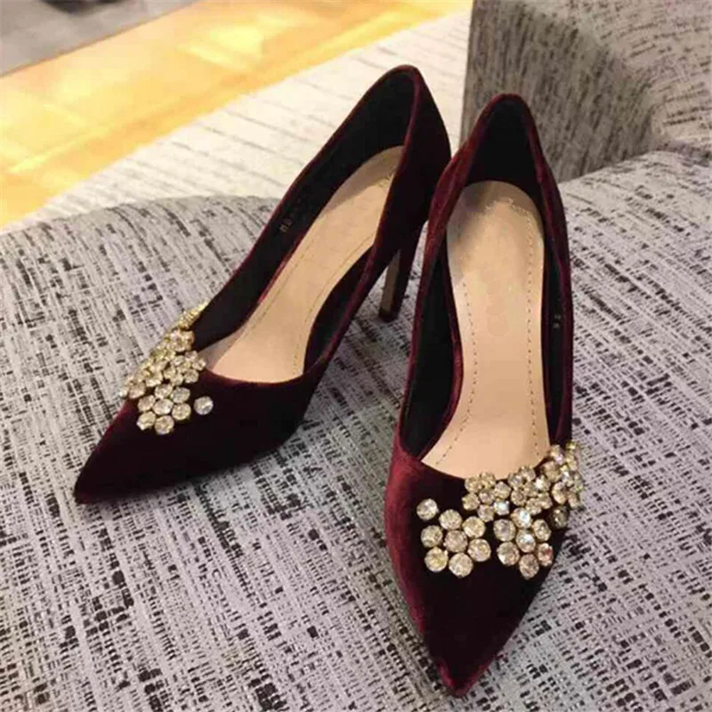 Wine Red Black Velvet Women Shoes Pointed Toe Wedding Shoes High Heels ...