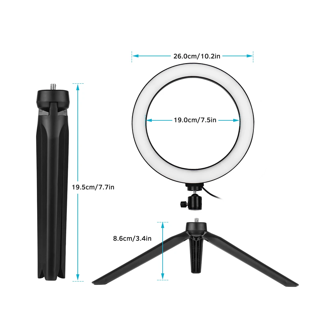 Светодиодный кольцевой светильник с подставкой для штатива с регулируемой яркостью, настольная лампа для камеры, 3 режима освещения и 10 уровней яркости для макияжа