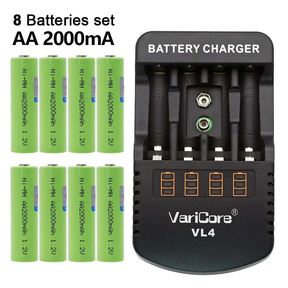 

8PCS. Varicore AA 2000 mAh 1.2V NiMH batteries for remote control of robotic toys medical equipment products+VL4 battery charger
