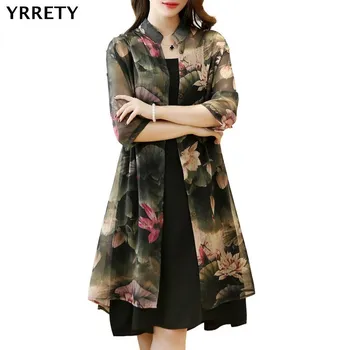 

YRRETY Women Summer Dress Two Pieces Set Women Vintage Loose Dresses Plus Size 5XL Casual Printed O Neck Dress Clothing 4XL 5XL
