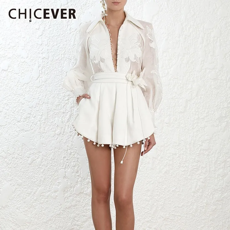 

CHICEVER Summer Casual White Women Two Piece Suit Lapel Lantern Sleeve Button Shirt With High Waist Appliques Short Sets 2019