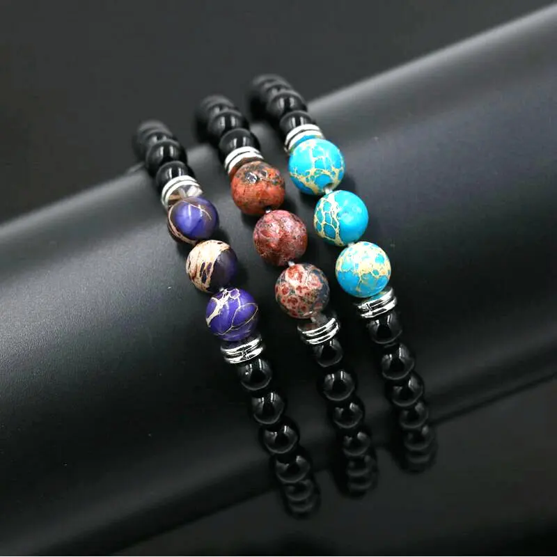 

Natural Black Agates Stones Beads Stand Bracelet lovers' Lucky Charm Bracelets For Men Women Yoga Jewelry