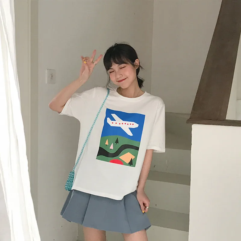 

2 colors summer tops 2019 korean style cartoon plane print short-sleeve loose t-shirts womens tee shirt femme (F3706)