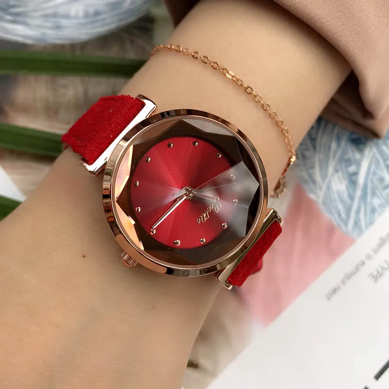 Роскошные Очаровательные женские часы с кристаллами, качественные замшевые часы с кожаным ремешком, женские наручные часы с бриллиантовым режущим циферблатом, Relogio Feminino - Цвет: red