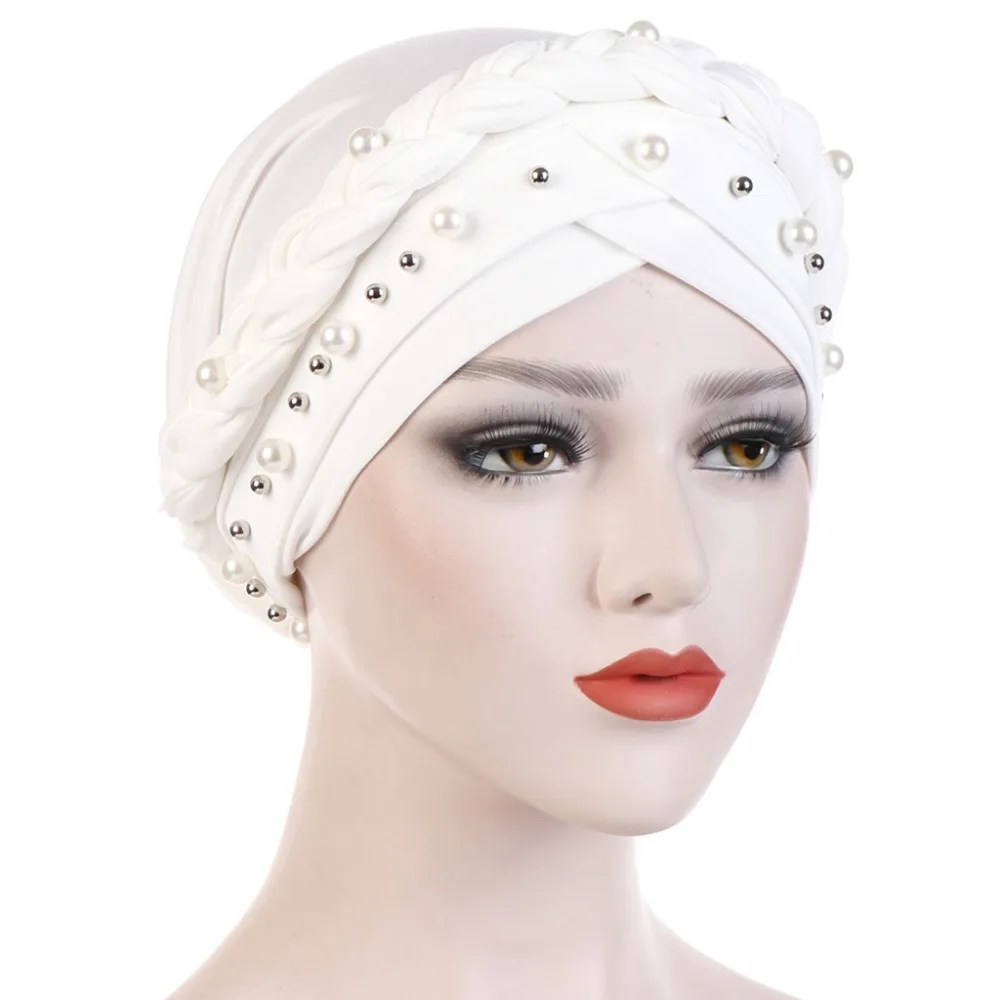 

Women Milk Fiber Solid Color Muslim Chunky Single Braided Ethnic Turban Hat Luxury Faux Pearl Glitter Beaded Hair Loss Che