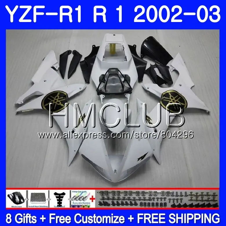 

Body For YAMAHA YZF-1000 YZF R 1 YZF 1000 YZFR1 02 03 109HM15 YZF1000 YZF R1 2002 2003 YZF-R1 03 02 Fairings Glossy white Frame