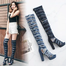 Новые летние женские джинсовые сандалии на высоком каблуке Модные трендовые босоножки на высоком каблуке вечерние туфли на высоком каблуке