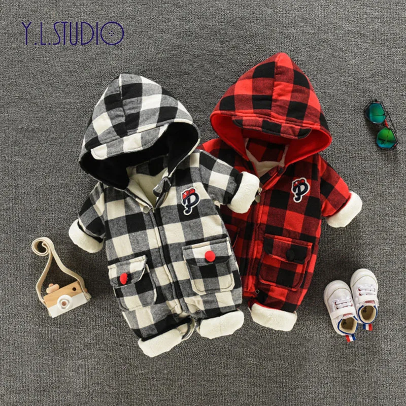

Newborn Jumpsuit Winter Baby Boy Plaid Romper Toddler Girl Cute Overalls fall Long Sleeve Thicken Warm Children New Year Costume