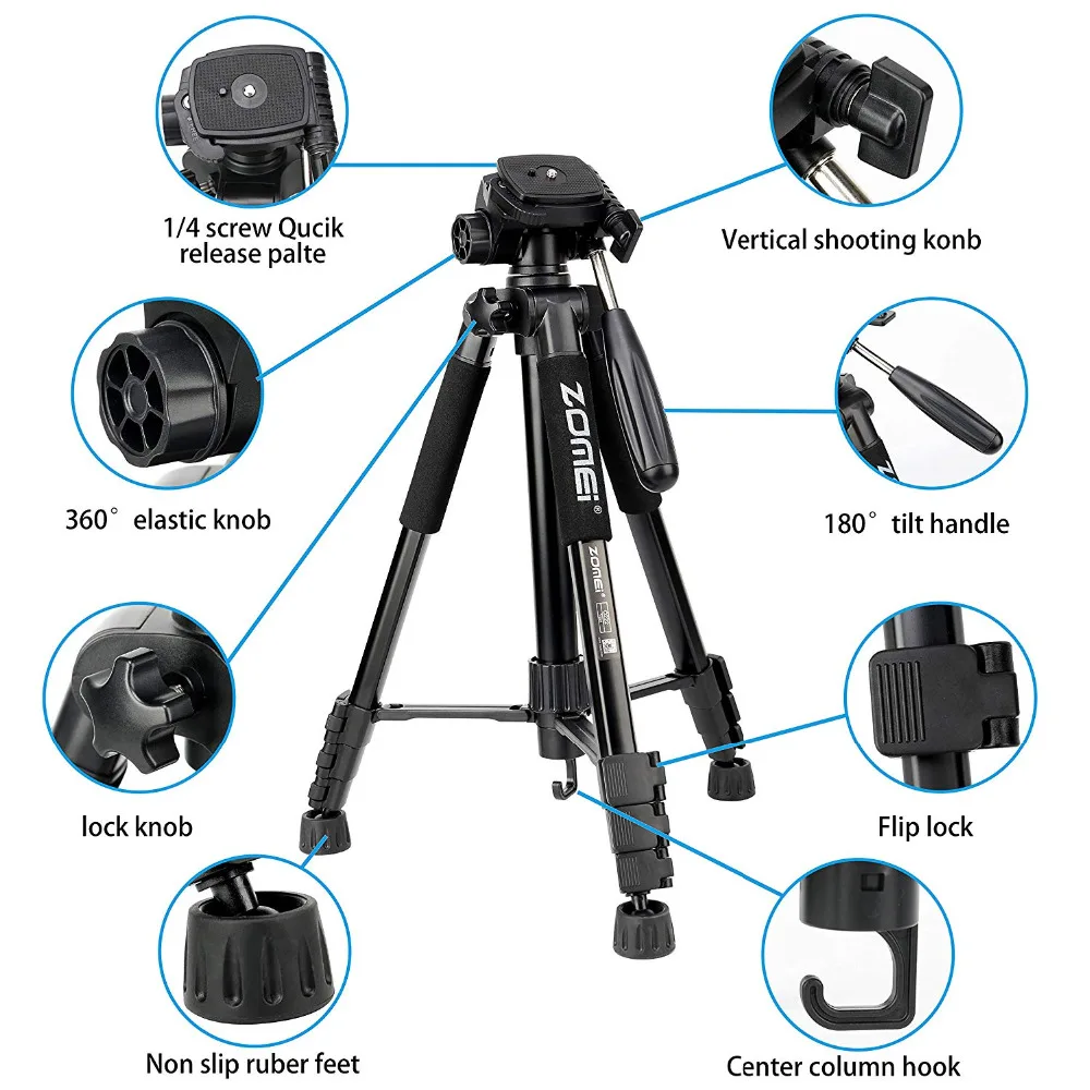 ZoMei Q222 Camera Tripod & Monopod Portable Travel SLR Tripod DSLR Stand with 3-Way Pan Head and Ca