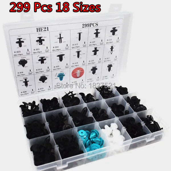 Comprar Unids set 299 18 tamaños Auto sujetador Clips Push Pin remache recorte Clip Panel cuerpo Interior surtido con caja