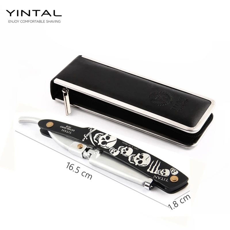 Comprar Maquinilla de afeitar recta brillante pulidor de plata para hombre maquinilla de afeitar reemplazable hoja de afeitar cabeza de cráneo de impresión con 5 cuchillas 1 funda