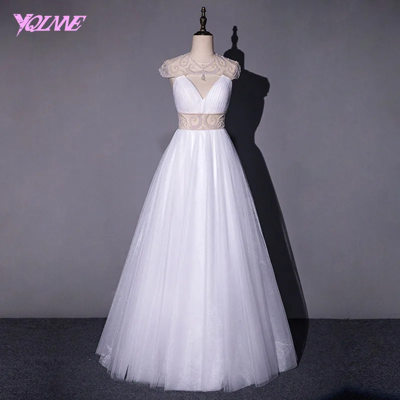 

YQLNNE 2018 White Tulle Pearls Prom Dresses Long Party Evening Gown Open Back Floor Length Vestido De Festa