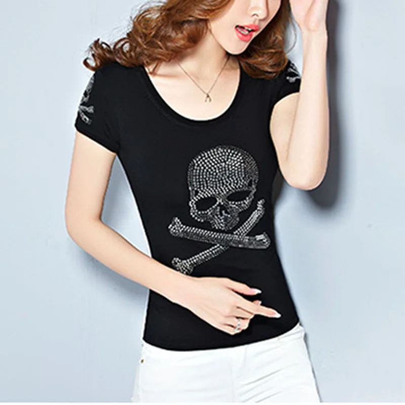 

Halloween T Shirt Women Short Sleeve Skull Print Tops Hot Drilling Summer Punk T-shirt Casual O-Nexk Tee Shirt SJ3378V