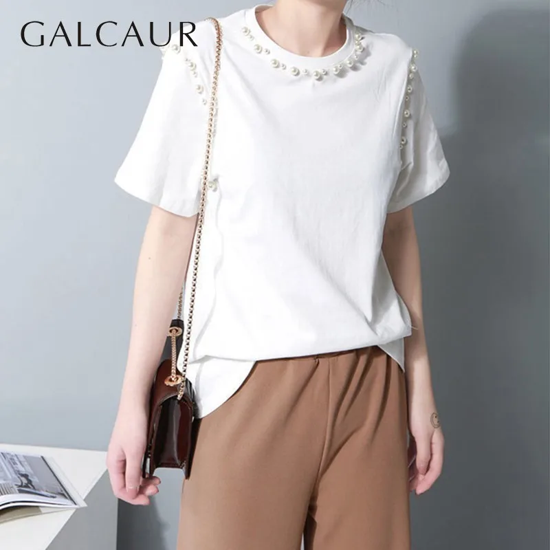 

GALCAUR Beading Patchwork Pullover T-Shirts Female O Neck Short Sleeve Large Size T-Shirt For Women 2019 Summer Fashion Casual