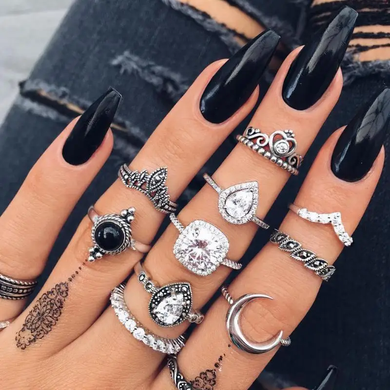 

10pcs/set Vintage Antique Ring Set For Women Finger Silver Heart Crystal Set Of Midi Ring Boho Jewelry Gift Knuckle Rings