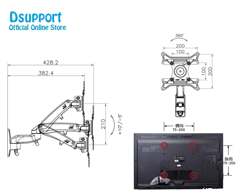 NB F300 газовая пружина 360 градусов 30-4" ТВ настенное крепление ЖК-монитор держатель алюминиевый зеркальный полированный кронштейн