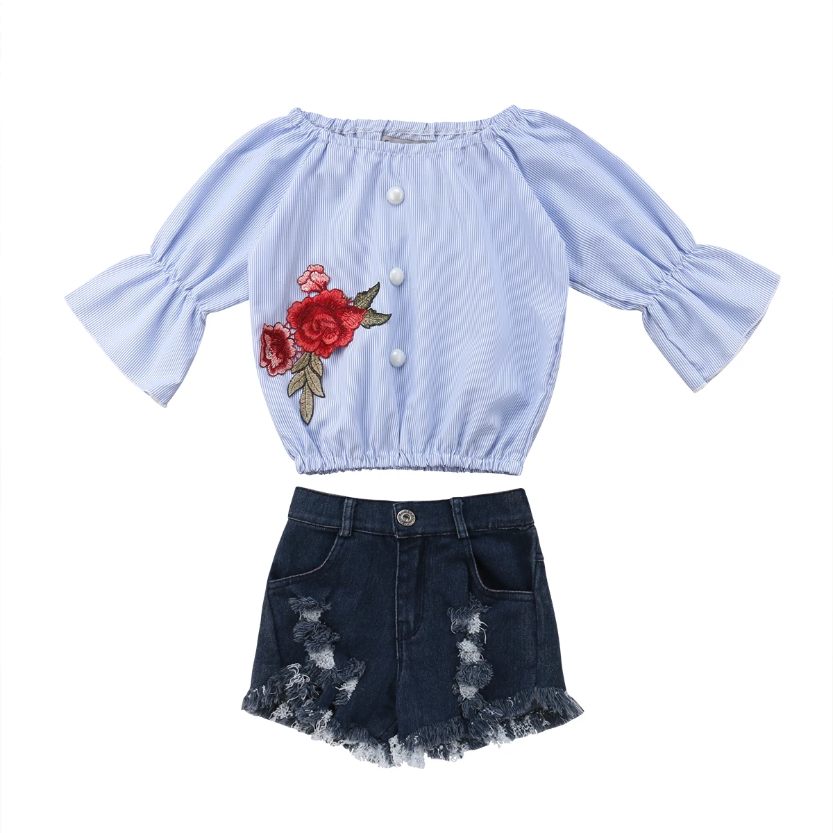 

Toddler Kid Baby Girl Rose Off Shoulder Top+Jeans Short Pants Outfits Clothes