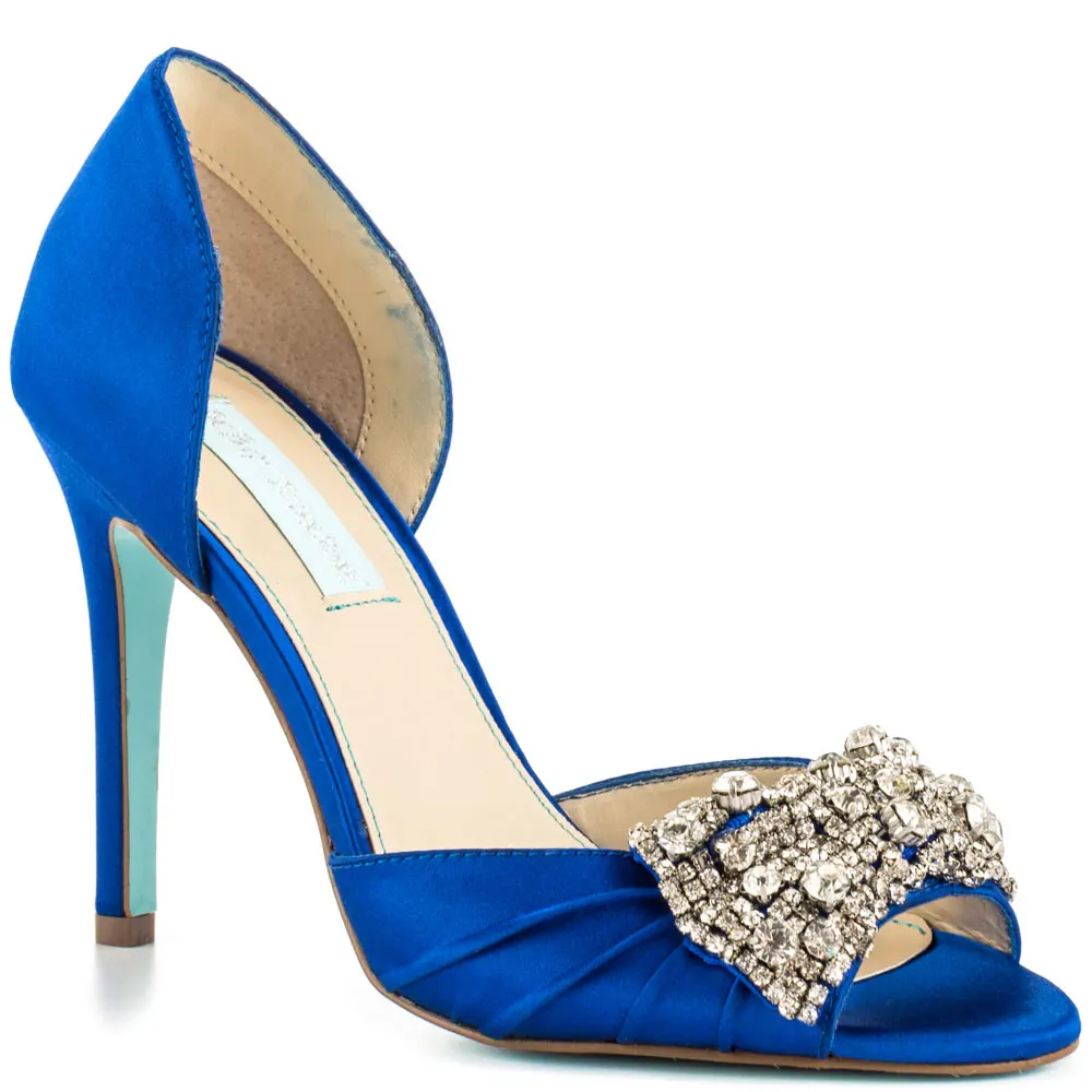 

Blue Satin Rhinestone Wedding Shoes Stiletto Open Toe Made-to-order Women Sandals Slip-ons Shoes Women Formal Dancing Shoes