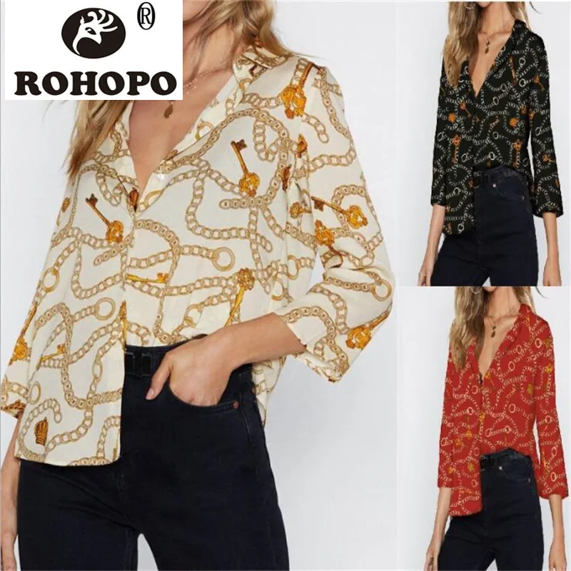 

Summer Street Casual Blouse 2019 Summer Three Quarter Sleeve Fashion Women Chain Printed Runway Show Fashion Chiffon Blouses