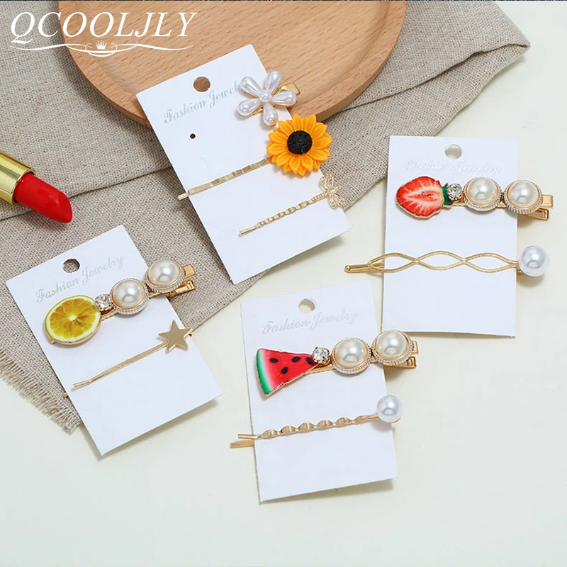 

QCOOLJLY Fashion Yellow Sunflower Simulated Pearls Hair Clips Gold Color Fruit Hair Pins Women Barrettes Jewelry Accessories