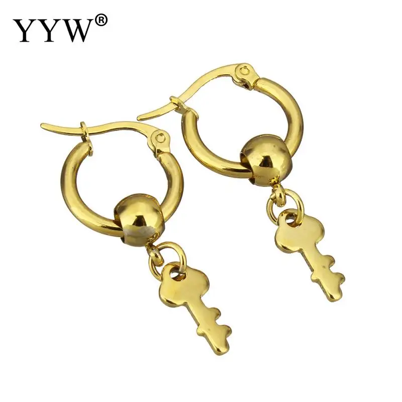 

YYW 1 Pair European Gold-color Round Circle Loop Stainless Steel Lever Back Earring Lovely Small Key Dangle Earrings for woman